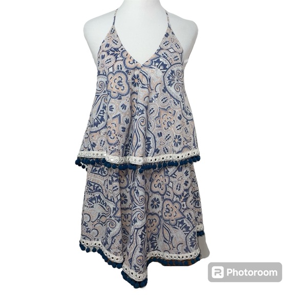 Tularosa Evolette Blue & White Paisley Pom-Pom Metallic Thread Mini Dress Size M - Picture 2 of 16